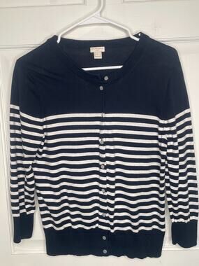 J Crew Clare Cardigan Sweater Sz L 100% Cotton Pearl Buttons Navy Stripe Preppy